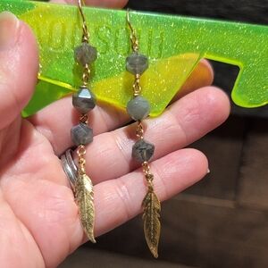 Laboradote And Feather Beaded Earrings On Gold Filled Wire